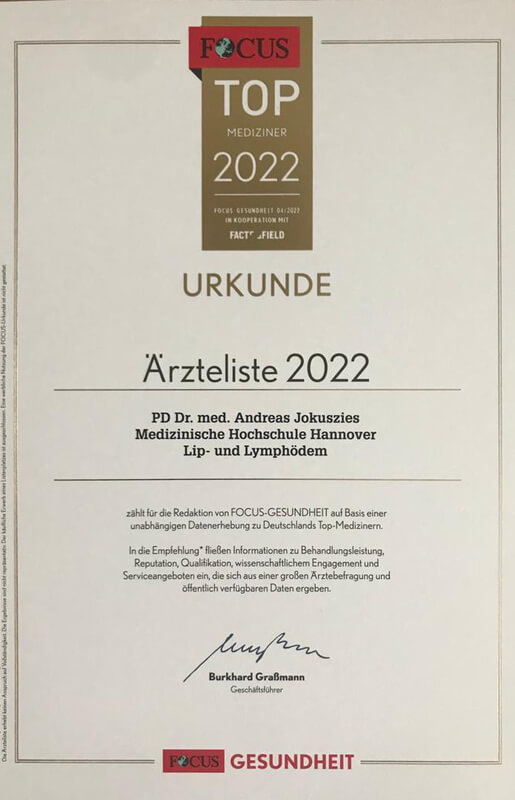 Prof Dr med Andreas Jokuszies Hannover Focus Top Mediziner Bereich Lip und Lymphoedem 2022